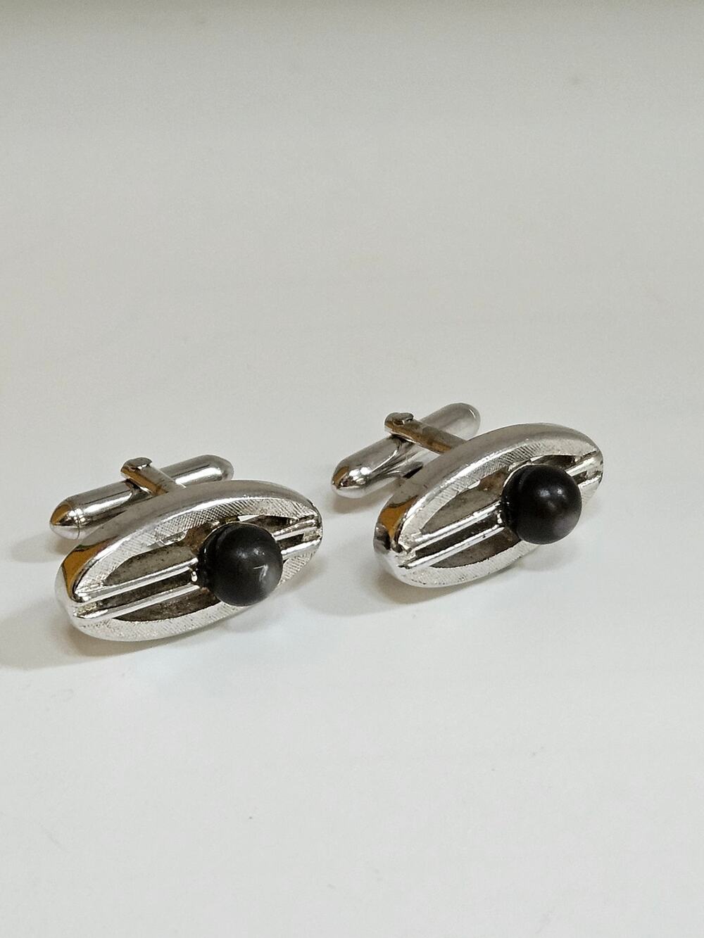 Vintage Swank Chatoyant Hawk’s Eye Cufflinks | MCM Silver Tone Black Cabochon